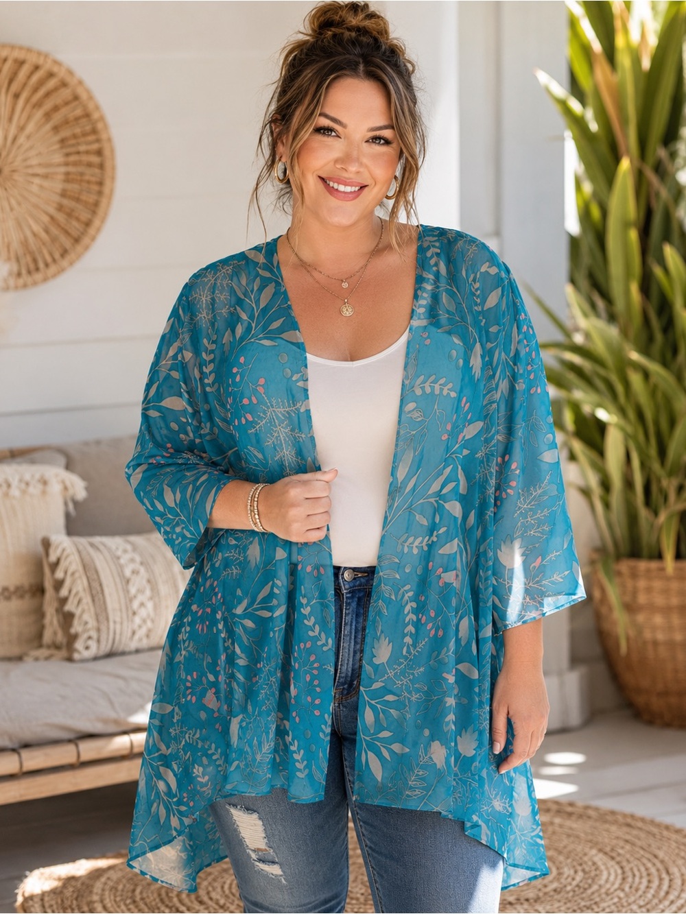NWOT Elisabeth Williams 3XL Sheer Floral Kimono Cardigan Teal Boho Duster A21